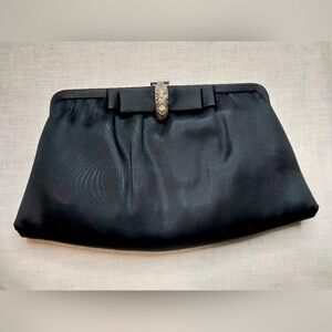 Ande Black Satin Clutch Purse Silver Chain Rhinestones